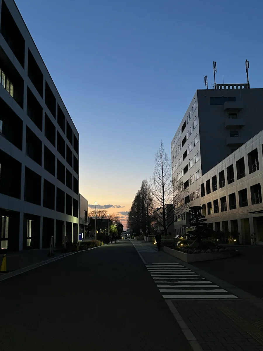 夕暮れの建物のあいだの小道